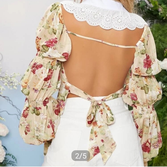 Large sheer top backless with collar lace sleeve - Picture 2 of 6